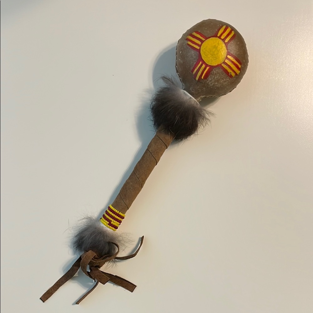 Native American, Rawhide leather Wrapped Painted Rattle/New Mexico State symbol